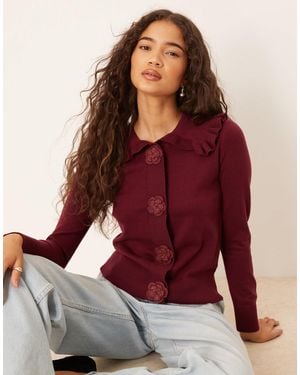 Glamorous Rose Applique Cardigan With Dramatic Collar - Red