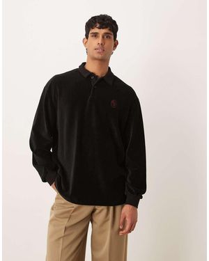 ASOS Heavyweight Oversized Long Sleeve Polo T-shirt With Small Chest Embroidery - Black