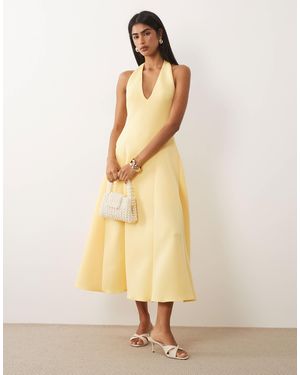 ASOS Plunge Neck Structured Full Skirt Midi Dress - Natural
