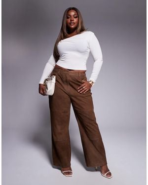 ASOS Curve Straight Leg Suede Paneled Pants - Brown