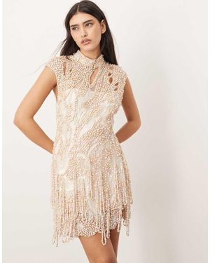 ARRANGE Embellished High Neck Cap Sleeve Pearl Fringe Mini Dress - Natural