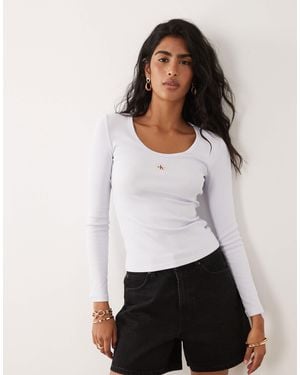 Calvin Klein Woven Label Ribbed Long Sleeve T-shirt - White