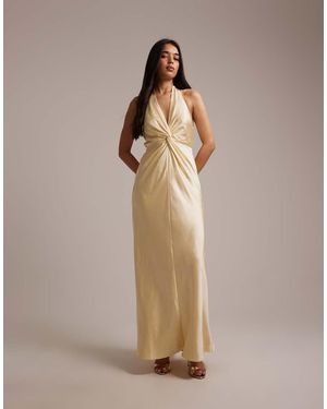 Six Stories Bridesmaids Satin Plunge Neck Knot Detail Maxi Dress - Natural