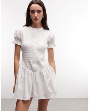 Collusion Shirred Button Mini Shirt Dress - White