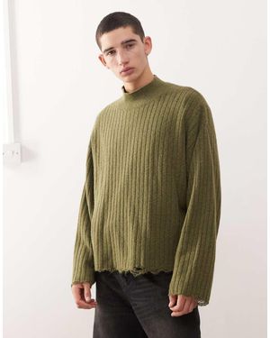 Weekday Ribbed Turtleneck Jumper With Distressed Hem Detail - Green
