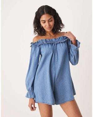 ASOS Soft Denim Off The Shoulder Playsuit With Frill Detail - Blue