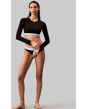 Calvin Klein Modern Cotton Lightly Lined Long Sleeve Crop Top With Logo Taping - Black