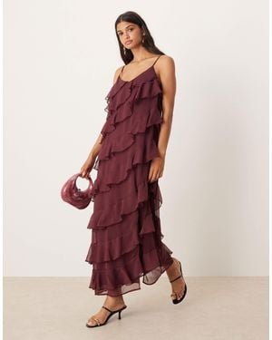 Vila Asymmetric Frill Midi Dress With Side Split - Red