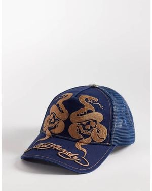 Ed Hardy Skull And Snakes 6 Panel Trucker Cap - Blue
