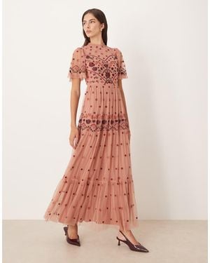 Maya Embroidered High Neck Maxi Dress - Pink