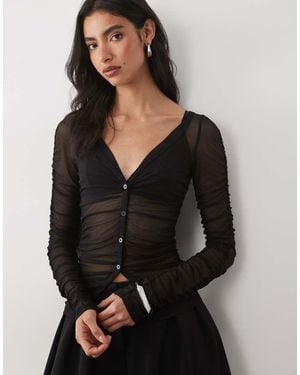 ASOS Sheer Mesh Ruched V Neck Cardigan Top - Black
