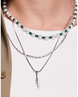 ASOS Pack De 3 Collares Variados Con Perlas Y Colgante De Pluma Para Festivales De - Blanco