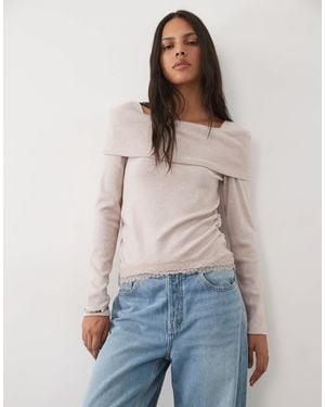 New Look Pull bardot à ourlet en dentelle froncé couleur mink - Bleu