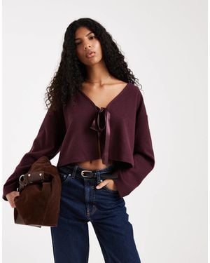 Miss Selfridge Brushed Rib Cardigan With Satin Bow - Blue