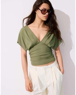 Stradivarius Top With Gathered V-neckline - Green