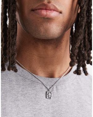 ASOS Waterproof Stainless Steel Rectangle Pendant With Burnished Cross Design - Grey