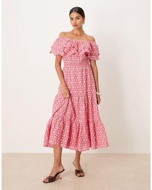 Lovedrobe Embroidered Bardot Neck Midi Dress - Pink