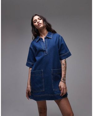 TOPSHOP Denim Mini Pullover Short Sleeved Rugby Dress Mid - Blue