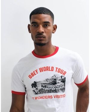 Obey 7 Wonders World Graphic T-Shirt Met Korte Mouwen En Contrastboorden - Wit