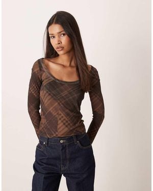ASOS Gauzy Mesh Check Scoop Neck Top - Blue