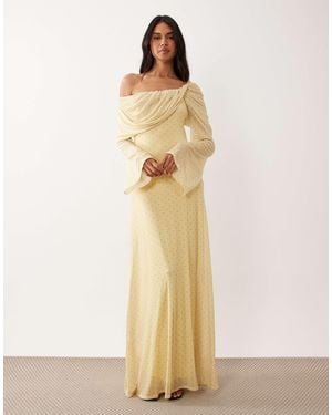 ASOS Printed Off The Shoulder Draped Neck Long Sleeve Maxi Dress - Natural