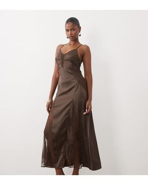 The Frolic Exclusive Satin Cami Midaxi Dress With Lace Detailing - Brown