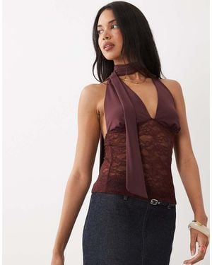 Gina Tricot Lace Plunge Top With Scarf - Brown