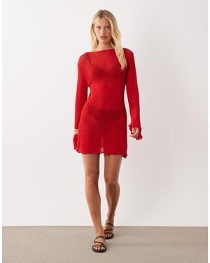 ASOS Beach Knitted Boucle Scoop Back Mini Dress - Red