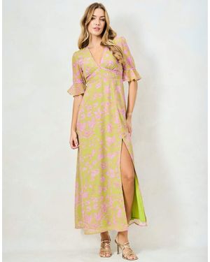 Hope & Ivy The Yara Frill Sleeve Thigh Split Maxi Dress With Lace Trim - Metallic