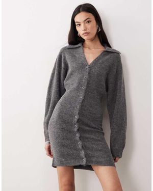 Gina Tricot Long Sleeve Knitted Button Down Mini Dress - Grey