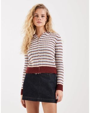 ASOS Pull zippé ajusté en maille rayée - Blanc