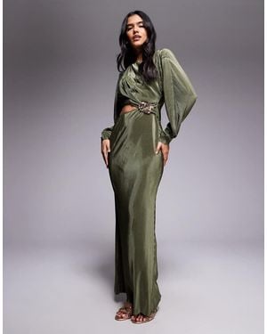 ASOS Vestido Largo Plisado Con Mangas Cocoon Y Detalle De Herraje De -Verde