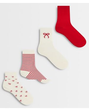 Lindex Set Van 4 Sokken Met Rode Strik- En Streepprint - Rood