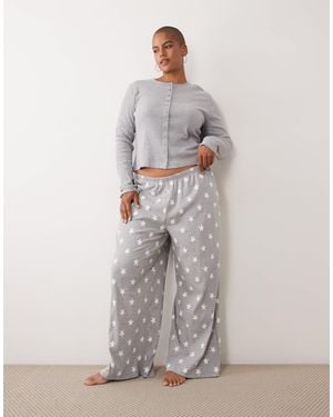ASOS Asos Design Curve Rib Long Sleeve Pajama Set With Stars - Gray