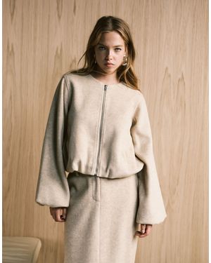 4th & Reckless Wool Feel Balloon Sleeve Collarless Bomber Jacket Co-ord - Natural
