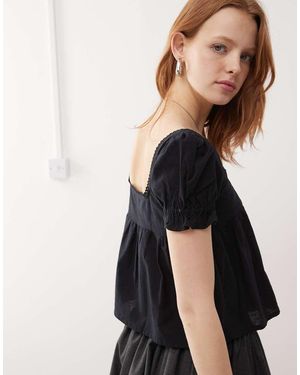 Motel Axoni Square Neck Puff Sleeve Blouse - Black