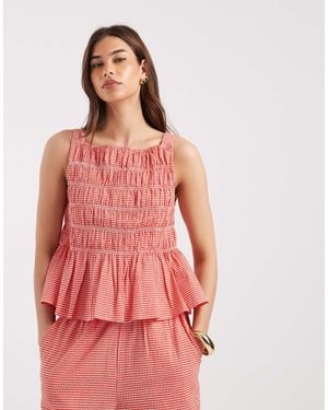 Aware Shirred Seersucker Peplum Top Co-Ord - Pink