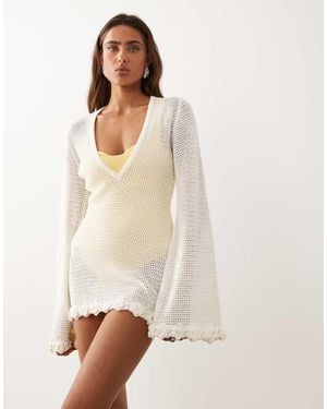 The Frolic Exclusive Cotton Blend Crochet Plunge Flower Trim Beach Mini Dress - Natural