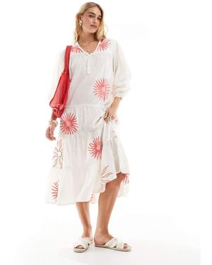 Accessorize Vestido Playero Midi Con Estampado De Sol Y Mangas Abullonadas De -Blanco