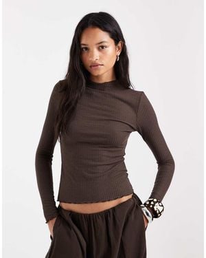ONLY High Neck Long Sleeve Top With Lettuce Edge - Brown