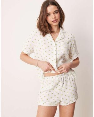 Loungeable Printed Lemon Crinkle Cotton Short Sleeve Shirt & Short Pyjama Set - White