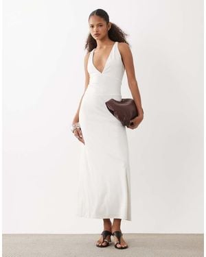 Motel Georgina Cupro Deep Plunge Midi Dress - Natural