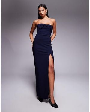 Vesper Bengaline Bow Front Detail Bandeau Thigh Split Maxi Dress - Blue