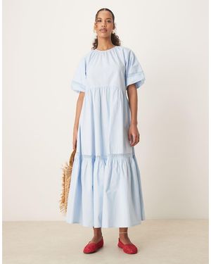 ASOS Prairie Maxi-Jurk Met Ronde Hals, Pofmouwen En Kanten Detail - Blauw