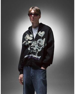 Bershka Zip-up Print Hoodie - Black