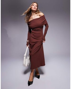 ASOS Vestito Midi A Maniche Lunghe Bordeaux A Coste Con Scollo Alla Bardot - Viola