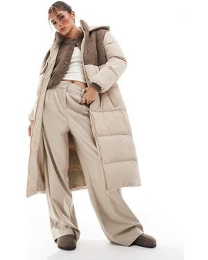 Brave Soul Maxi Padded Jacket With Borg Contrast Detail - Natural