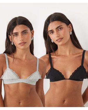 Calvin Klein Sujetador Triangular De Algodón Con Detalle De Encaje, Pack De 2, En Gris/-Multi - Marrón
