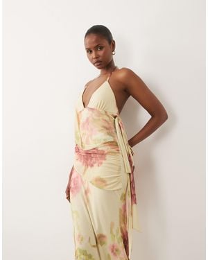 ASOS Draped Sash Floral Mesh Maxi Dress With Tie Side Fallen Bow Strap - Natural