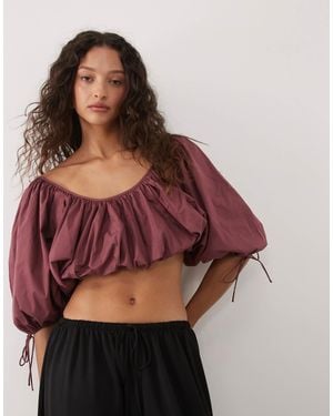 Mango Cotton Mix Cropped Balloon Sleeve Top - Red